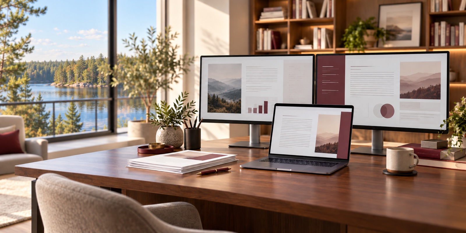 A contemporary writing studio overlooking a Minnesota Northwoods lake, with a laptop, two monitors, and book proposal pages