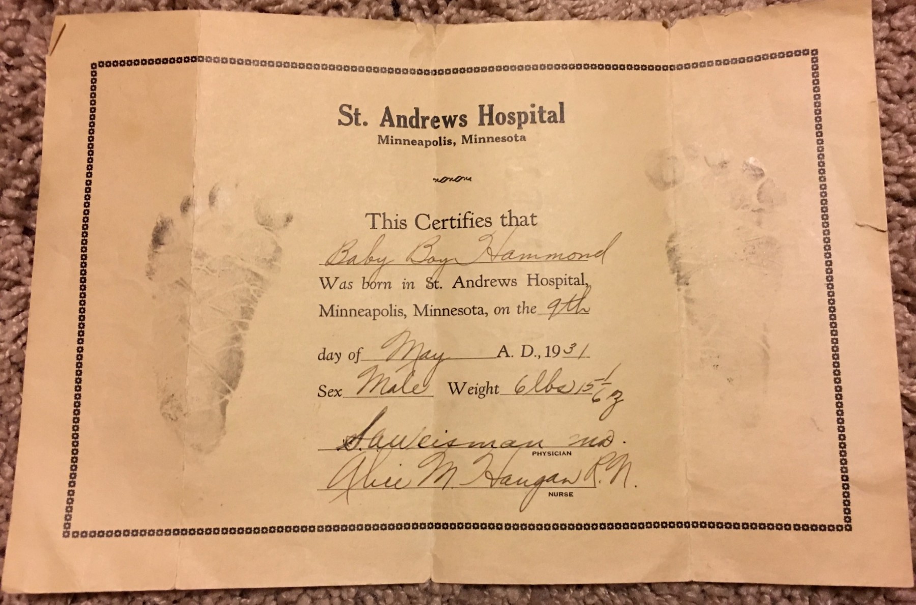 Original St. Andrews Hospital birth certificate