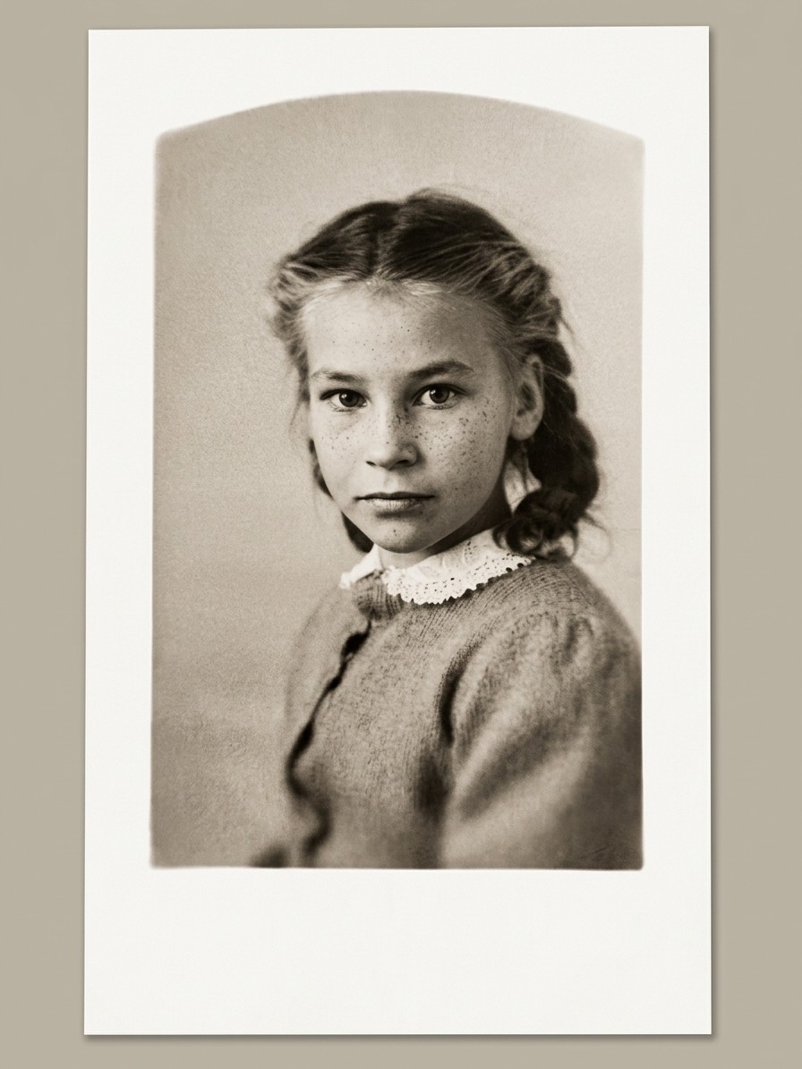 Original childhood photograph of Mom with her braids